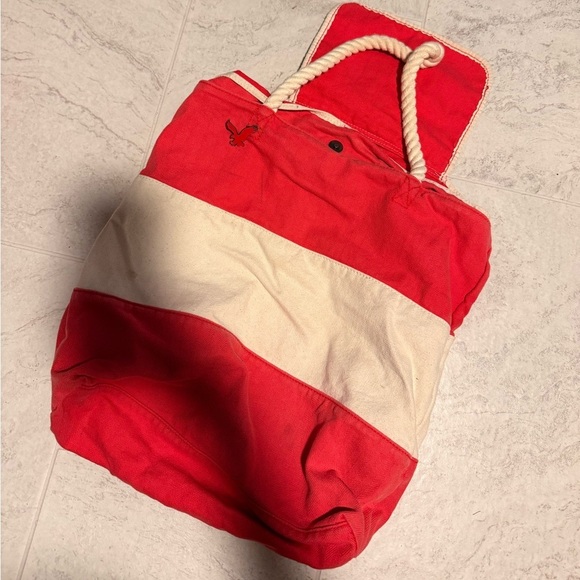 American Eagle Outfitters Handbags - American Eagle Striped Red & Cream Rope-Handle Tote